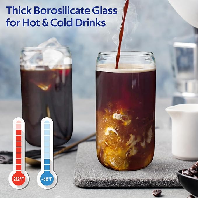 4 Set Glass Cups with Lids and Straws 16oz, Glasses Drinking Set, Iced Coffee Cup with Bamboo Lids, Drinking Glasses Tumbler with Straw and Lid, Glass Can Coffee Cups, Drinking Glassware, 2 Brushes