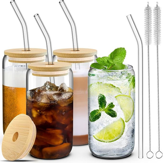 4 Set Glass Cups with Lids and Straws 16oz, Glasses Drinking Set, Iced Coffee Cup with Bamboo Lids, Drinking Glasses Tumbler with Straw and Lid, Glass Can Coffee Cups, Drinking Glassware, 2 Brushes