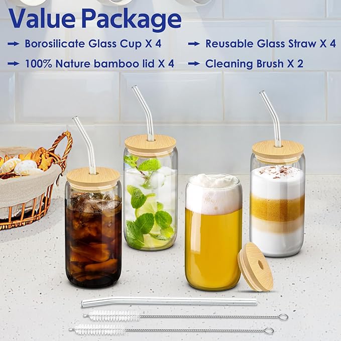 4 Set Glass Cups with Lids and Straws 16oz, Glasses Drinking Set, Iced Coffee Cup with Bamboo Lids, Drinking Glasses Tumbler with Straw and Lid, Glass Can Coffee Cups, Drinking Glassware, 2 Brushes