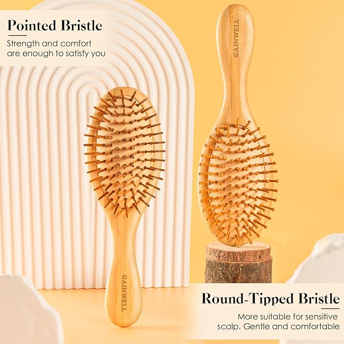 Bamboo Hair Brush for Hair Growth, Natural Bamboo Bristles Detangling Wooden Paddle Hair Brush for Massaging Scalp, for All Hair Types Women Men Kids, with Ergonomic Handle, Pointed Bristle