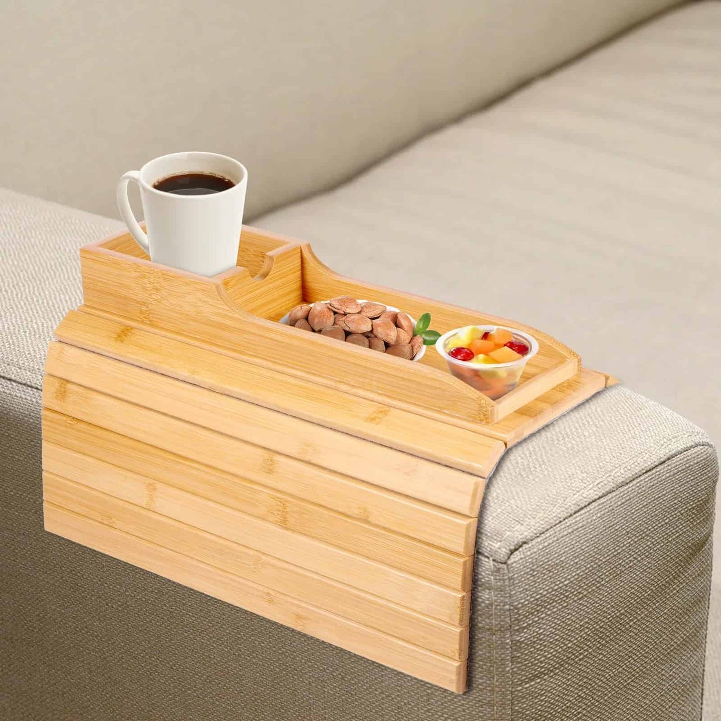 Bamboo Couch Cup Holder with Side Storage Pocket & Phone Holder - Non-Slip Sofa Armrest Tray Table for Drinks, Cellphone, Remote Control, Snacks - Multifunctional Couch Arm Tray Organizer Caddy