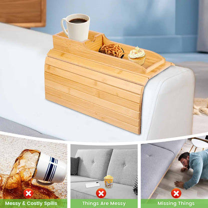 Bamboo Couch Cup Holder with Side Storage Pocket & Phone Holder - Non-Slip Sofa Armrest Tray Table for Drinks, Cellphone, Remote Control, Snacks - Multifunctional Couch Arm Tray Organizer Caddy