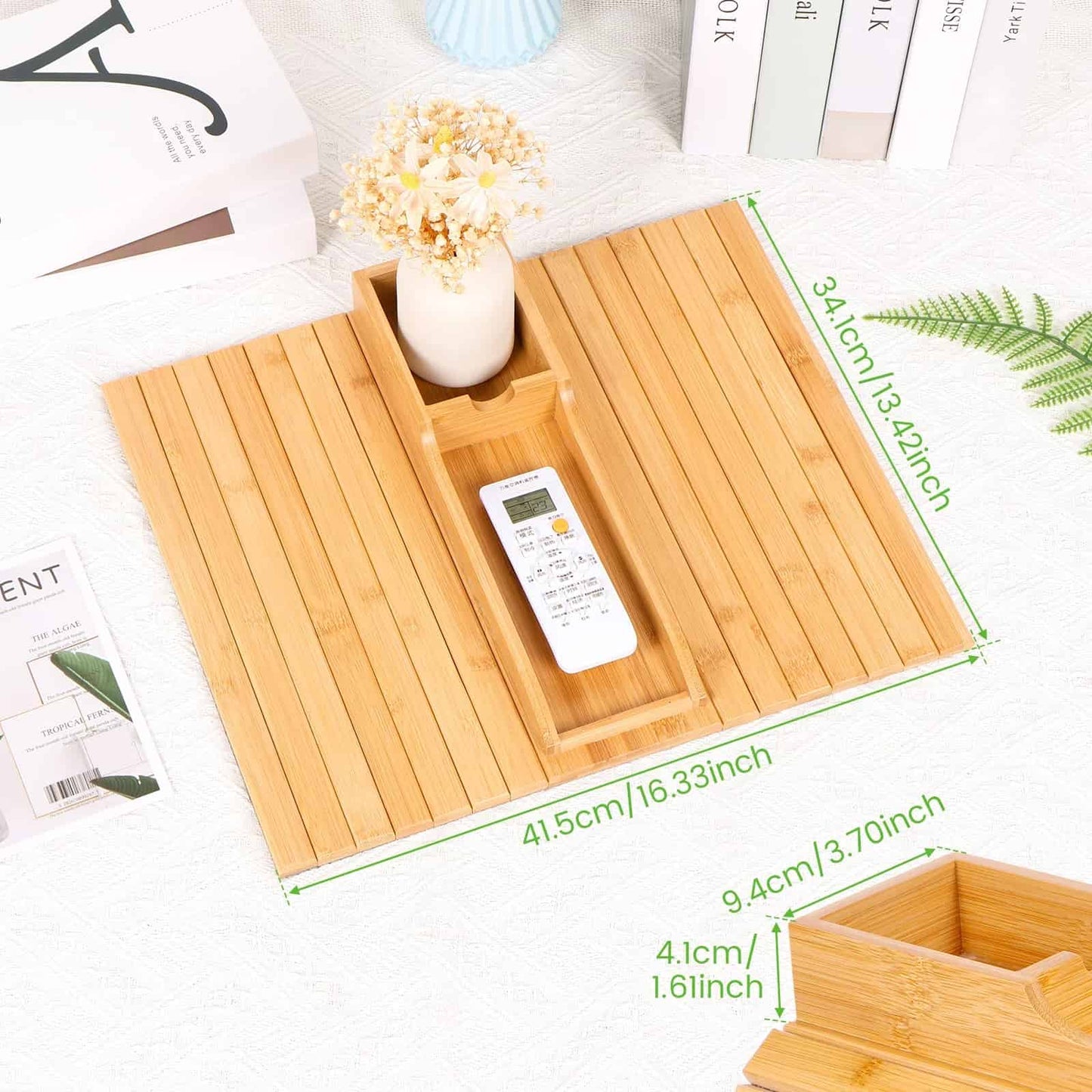 Bamboo Couch Cup Holder with Side Storage Pocket & Phone Holder - Non-Slip Sofa Armrest Tray Table for Drinks, Cellphone, Remote Control, Snacks - Multifunctional Couch Arm Tray Organizer Caddy