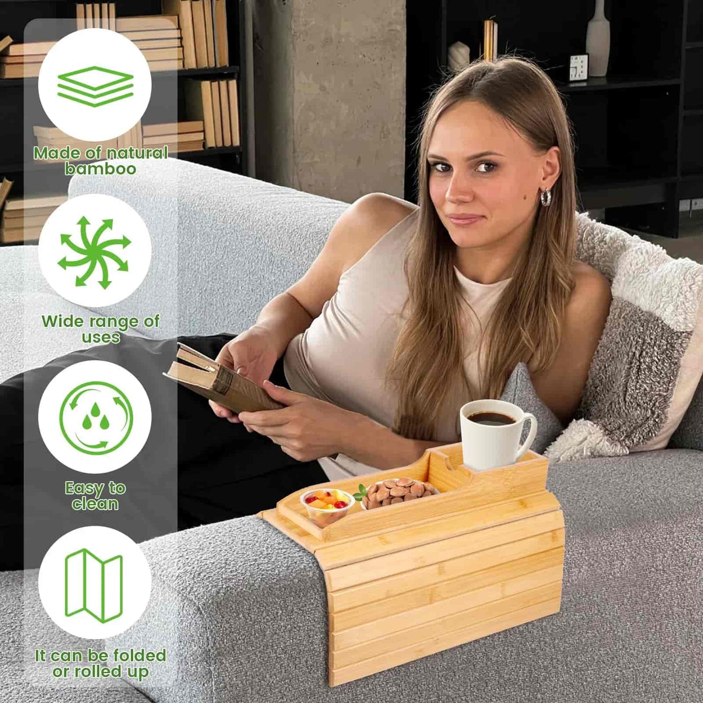 Bamboo Couch Cup Holder with Side Storage Pocket & Phone Holder - Non-Slip Sofa Armrest Tray Table for Drinks, Cellphone, Remote Control, Snacks - Multifunctional Couch Arm Tray Organizer Caddy