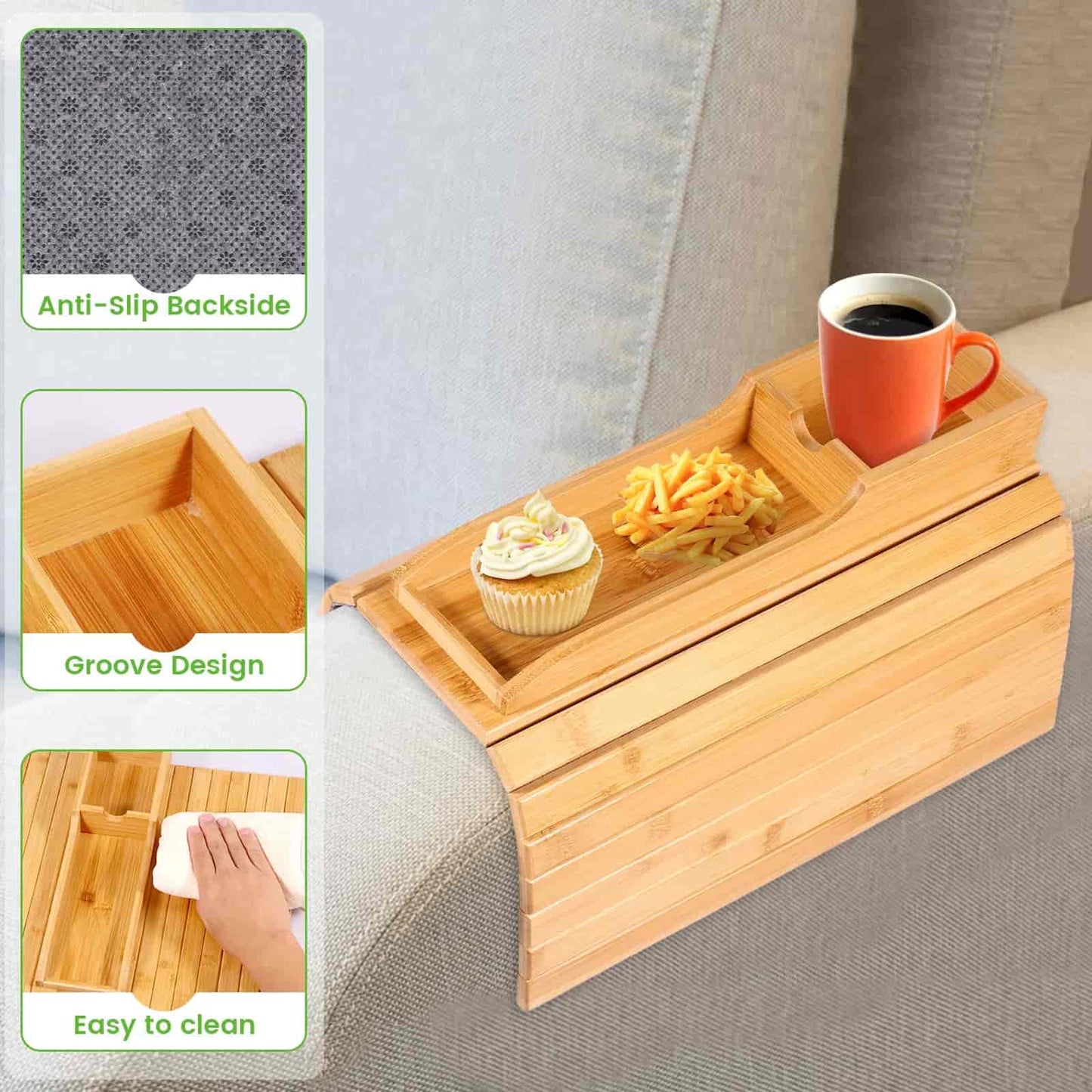 Bamboo Couch Cup Holder with Side Storage Pocket & Phone Holder - Non-Slip Sofa Armrest Tray Table for Drinks, Cellphone, Remote Control, Snacks - Multifunctional Couch Arm Tray Organizer Caddy